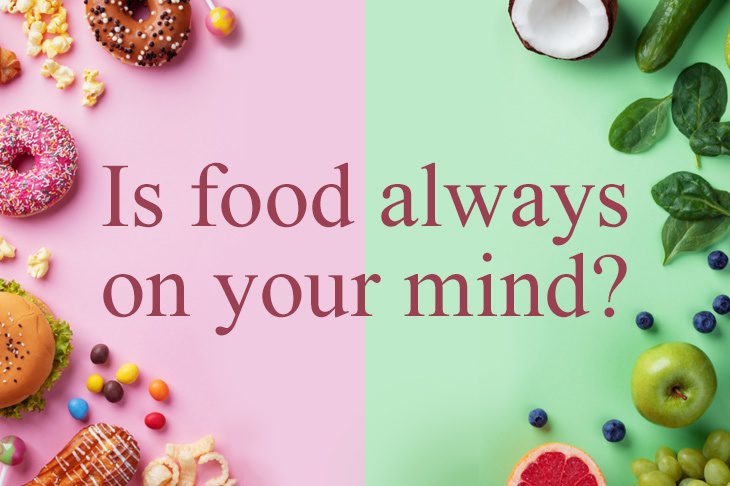 Junk food on pink background to the left and healthy food on green background to the right
