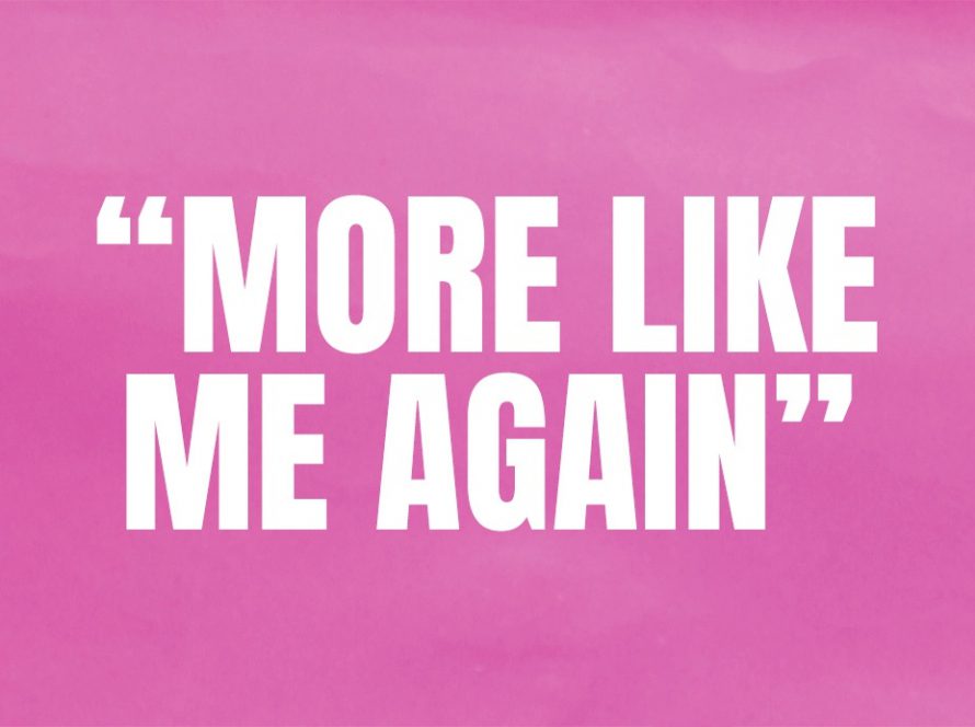Text 'More like me' on a pink background