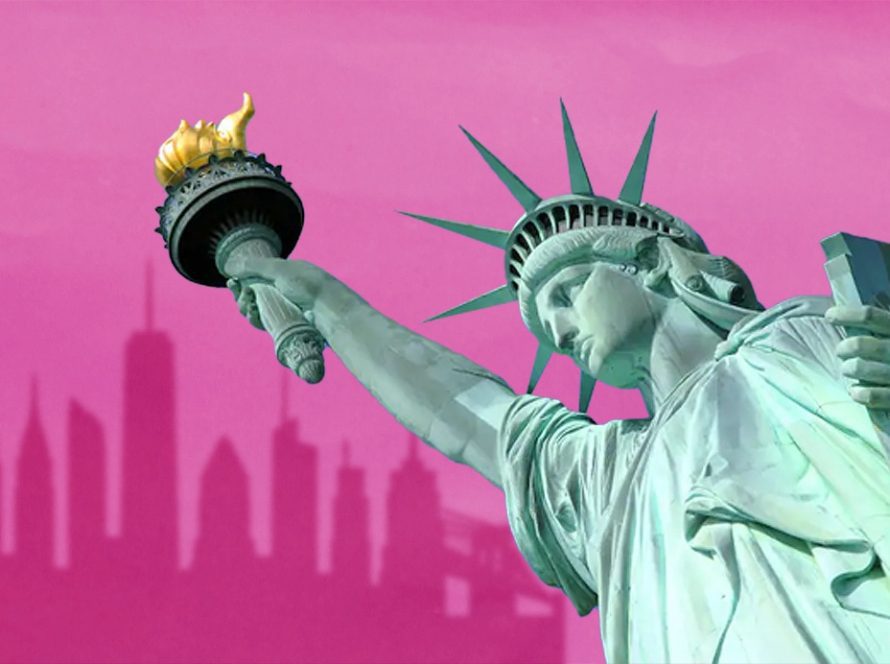 Statue of liberty on a pink background with New York skyline in background
