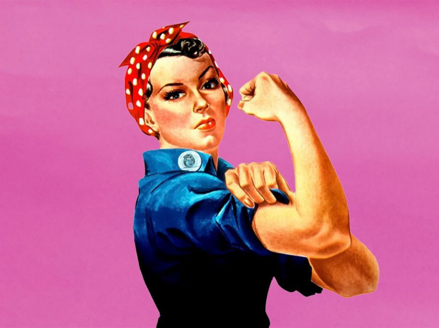 Illustration of a women in the 1950's flexing her bicep and standing in a strong pose