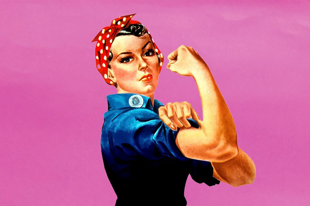 Illustration of a women in the 1950's flexing her bicep and standing in a strong pose