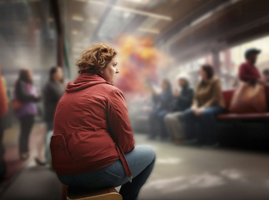A women sititing on a bench wearing a red jacket, jeans with a sad look on her face, watching the world go by in a train station