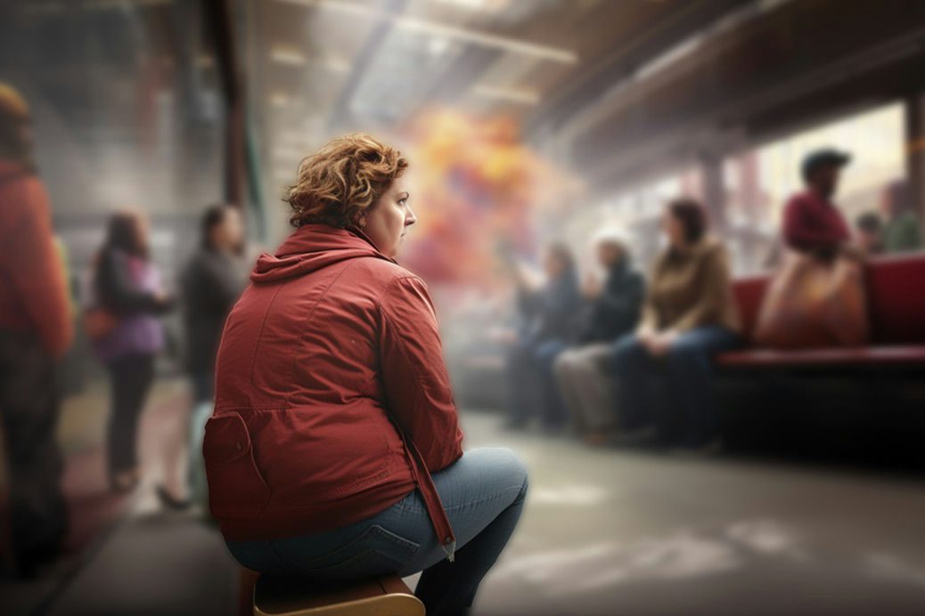 A women sititing on a bench wearing a red jacket, jeans with a sad look on her face, watching the world go by in a train station