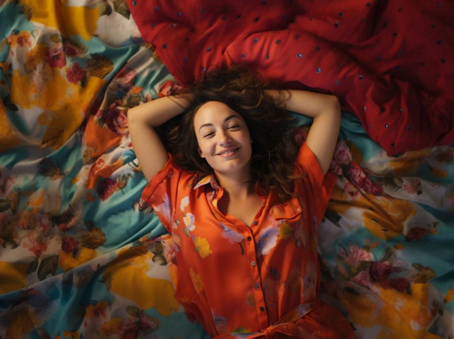 A women smiling lying back in bed wearing re pyjamas feeling very relaxed