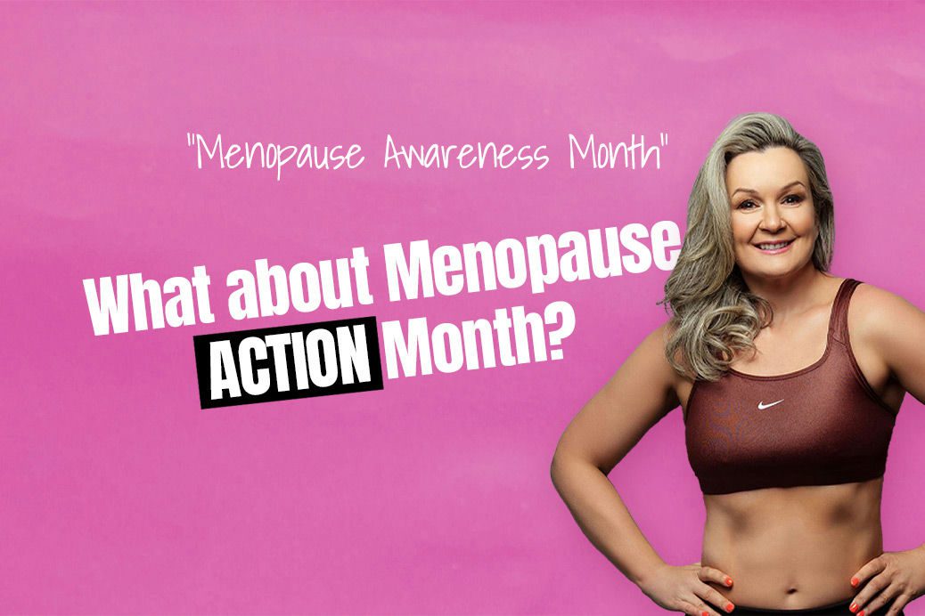 Photo of Tara Grimes on a pink background with the words 'What about Menopause Action Month?'