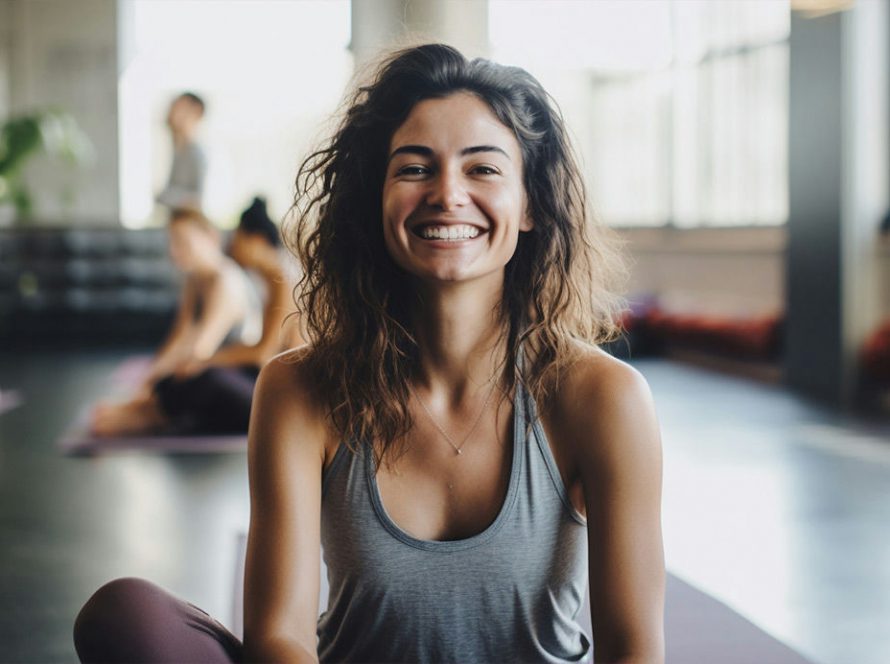 A young, female yoga instructor stretching legs and smiling in a brightly lit room