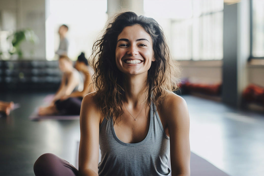 A young, female yoga instructor stretching legs and smiling in a brightly lit room