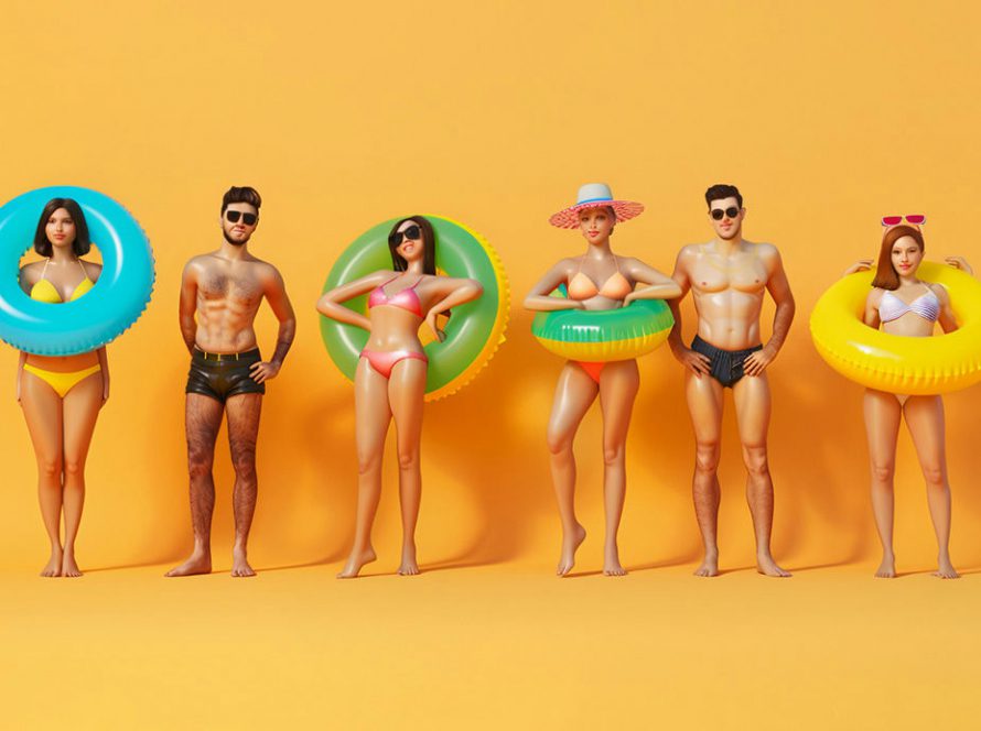 Inflatable beach toy versions of young, attractive individuals in stylish beachwear, each with a distinct pose and expression, against a minimalist background to highlight their features.