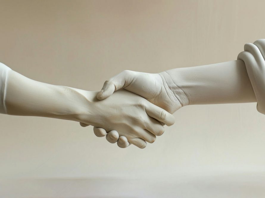 Clay hands shaking on a light background, signifying a promise